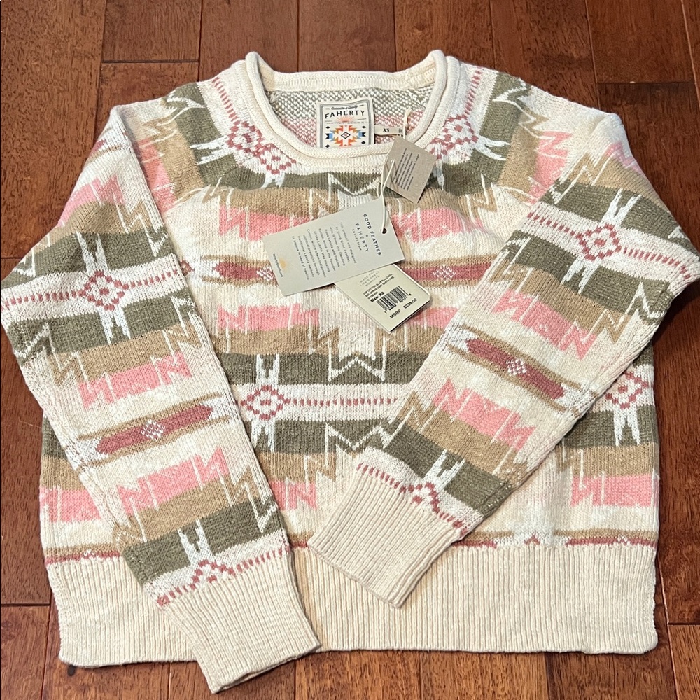 FAHERTY Good Feather Green Pink and Cream Patterned Sweater organic cotton